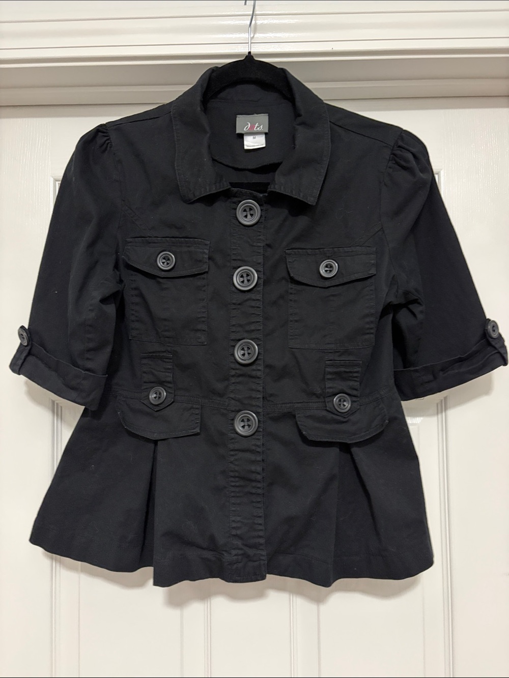 Dots Black Short-Sleeve Peplum Button Jacket